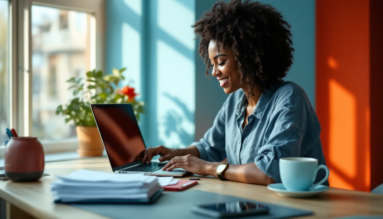 A small business owner going through receipts and a laptop at a sunlit desk